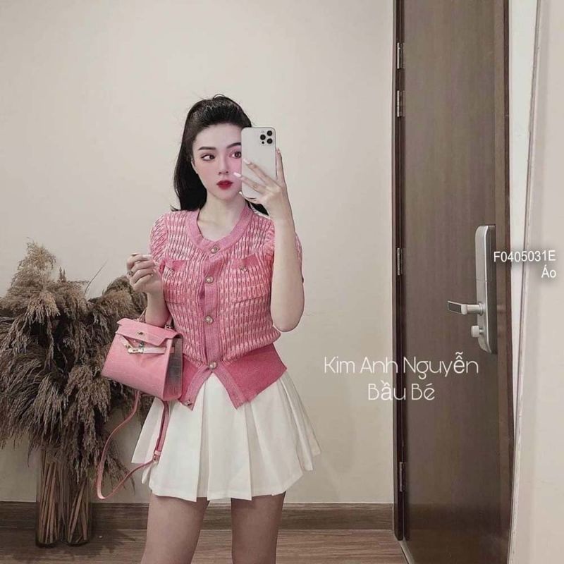 Áo len hồng gài nút 2 túi ngực cổ tròn tay ngắn hàng Quảng Châu 0405