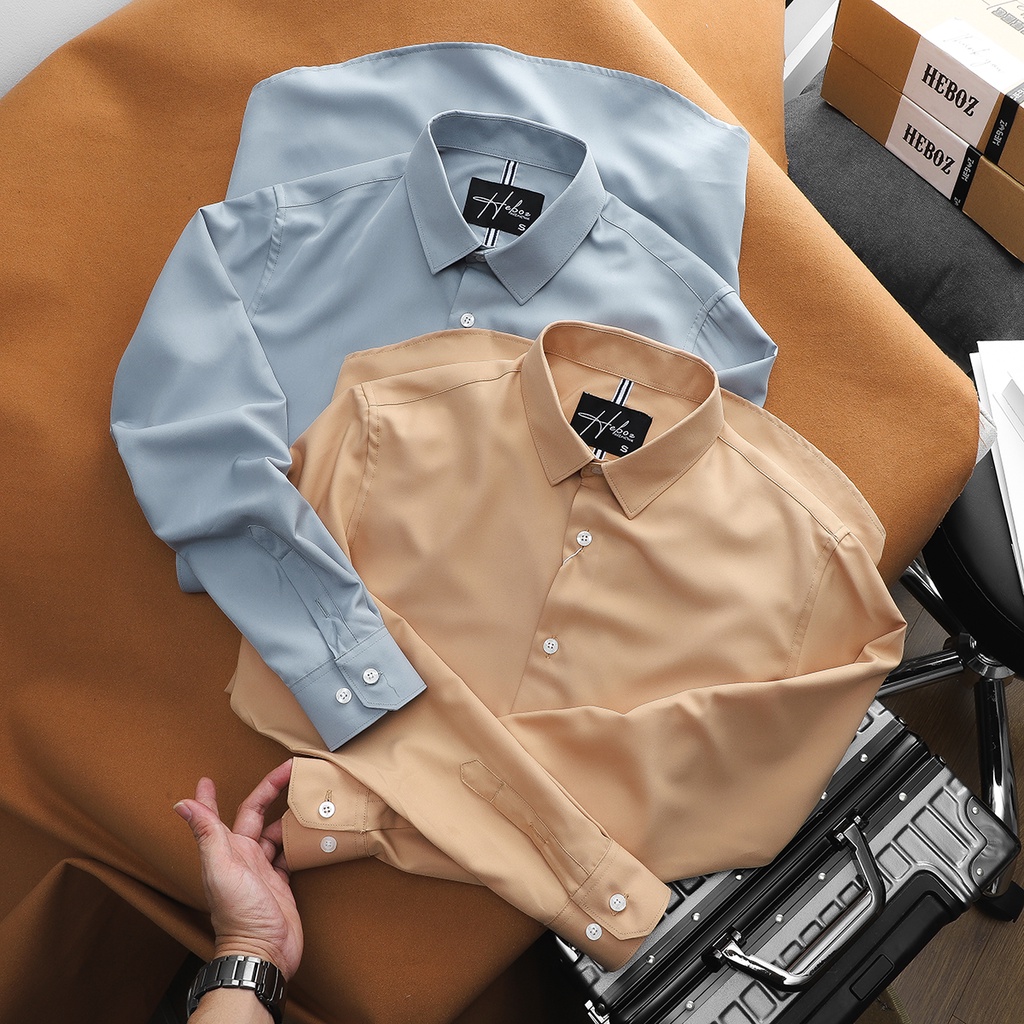 Áo sơ mi nam dài tay HEBOZ chất vải gân xéo nhỏ mềm mịn ít nhăn, 4 màu trơn basic slimfit - 00001064