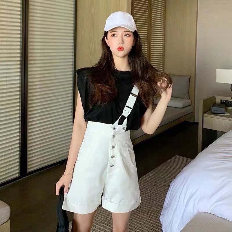 Quần Yếm Jean Hai Dây Ống Rộng Lưng Cao Màu Trắng Đen Thời Trang Mùa Hè Dành Cho Học Sinh 2022