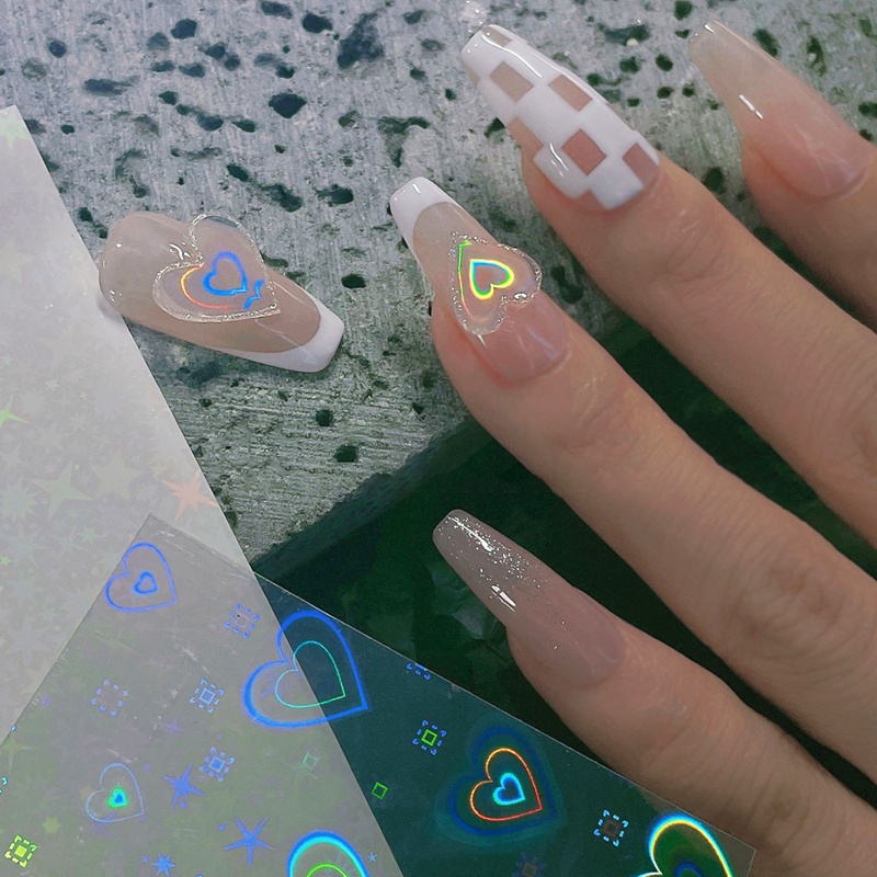 [Hàng mới về] Miếng dán trang trí móng tay 3D họa tiết trái tim màu laser cực quang làm đẹp cho nữ