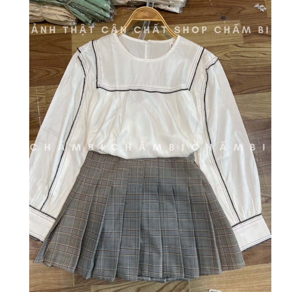 Áo sơ mi dài tay A.272, Áo babydoll cổ tròn viền đen chữ U ngực và dọc tay áo cực xinh