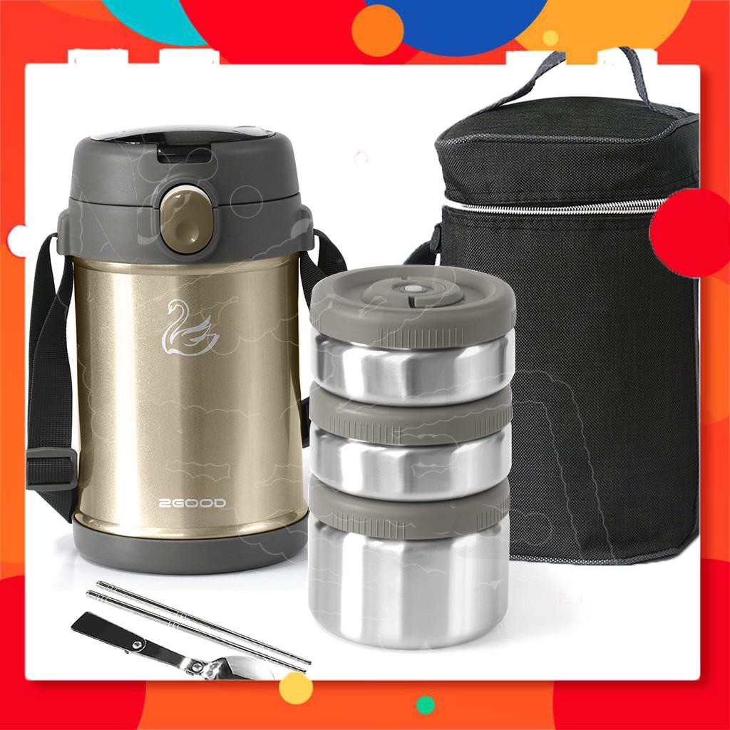 Bộ hộp cơm giữ nhiệt 2GOOD Màu Vàng  - Kèm Muỗng và Đũa Inox 304