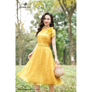 Đầm nữ thiết kế Hongvic màu vàng hoa nhí cổ bèo DL299
