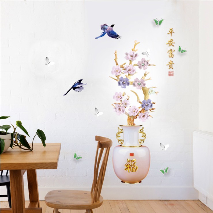 Decal trang trí tường - Chậu Hoa mẫu đơn xanh tím đẳng cấp