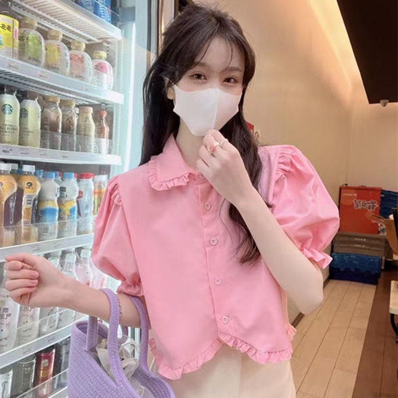 Áo IELGY tay phồng ngắn cổ búp bê phối bèo ngọt ngào cho nữ