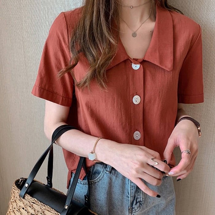 Áo sơ mi ngắn tay màu trơn phong cách cổ điển thời trang công sở cho nữ