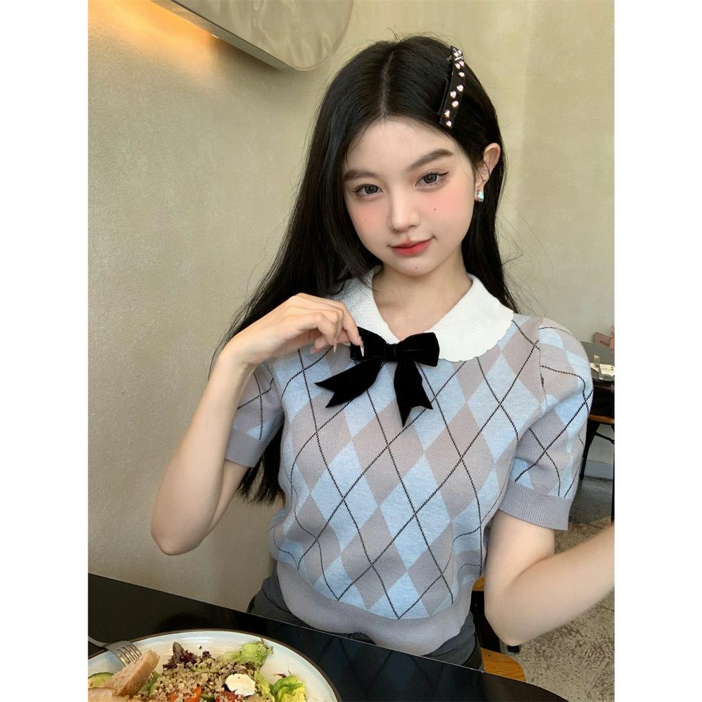 Áo Dệt Kim Tay Ngắn Cổ Búp Bê Phong Cách Hàn Quốc Thời Trang Cho Nữ