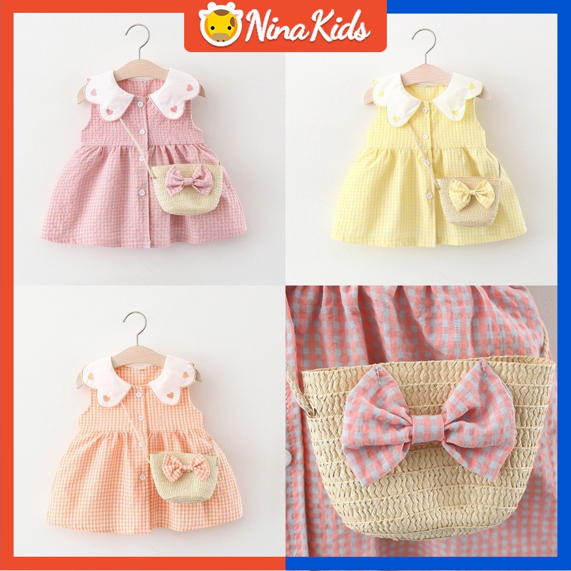 Đầm  không tay cổ búp bê họa tiết trái tim kèm túi đeo chéo dành cho bé gái 1-5 tuổi