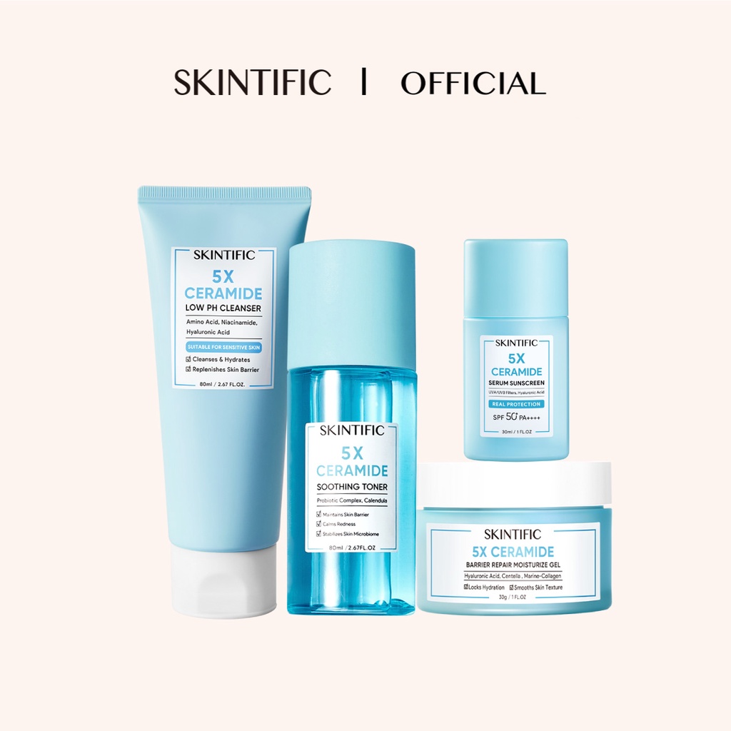 Combo Summer SKINTIFIC gồm Sữa rửa mặt 5X 80ml + Toner 5X 80ml + Kem dưỡng ẩm 5X 30g + Kem chống nắng 5X 30ml