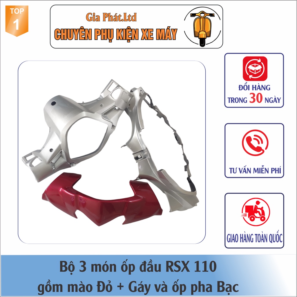 Combo ốp đầu Wave RSX 110  gồm Mào ĐỎ - Gáy BẠC - và Pha đèn kèm bóng