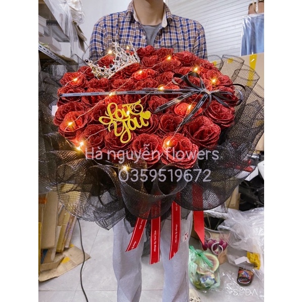 Hà nội ship hoả tốc- bó hoa hồng nhũ 30 bông kết hợp vương miệng tặng full phụ kiện và thiệp