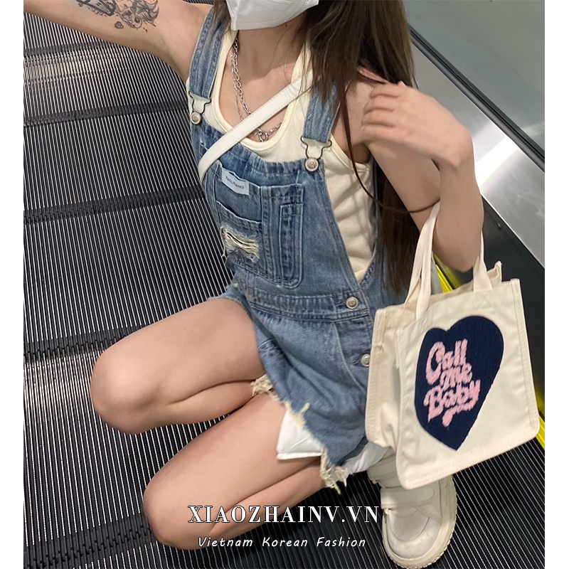 Áo liền quần XIAOZHAINV denim ngắn phối túi phong cách vintage thời trang mùa hè cho nữ