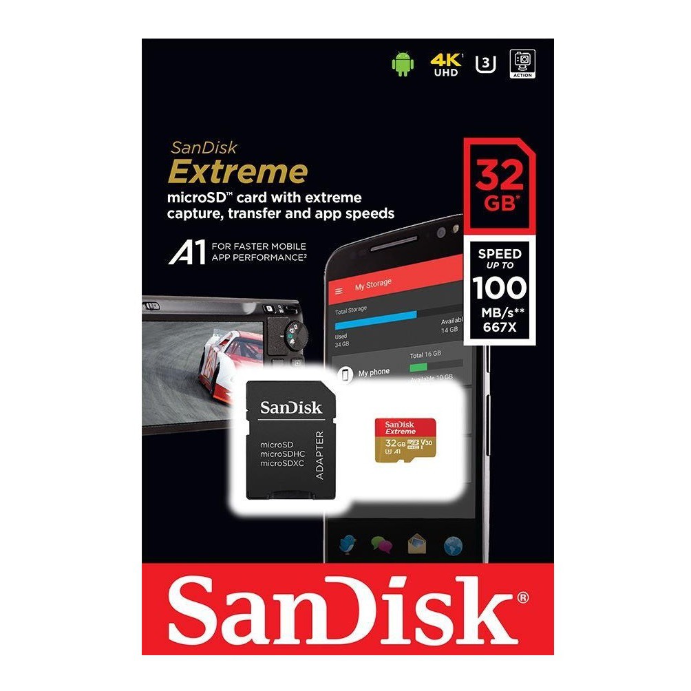 Thẻ nhớ MicroSDHC SanDisk Extreme 32GB 667X A1 V30 UHS-I U3 100MB/s - Kèm Adapter (Vàng)