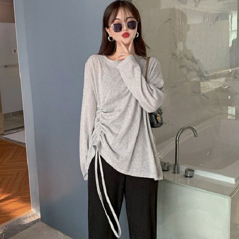 Áo Thun Tay Dài Phối Dây Rút Phong Cách Hong Kong Thời Trang Cho Nữ