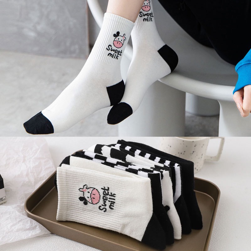 Tất cổ cao, vớ cổ cao nữ họa tiết bò sữa dễ thương vải cotton thời trang Hàn Quốc