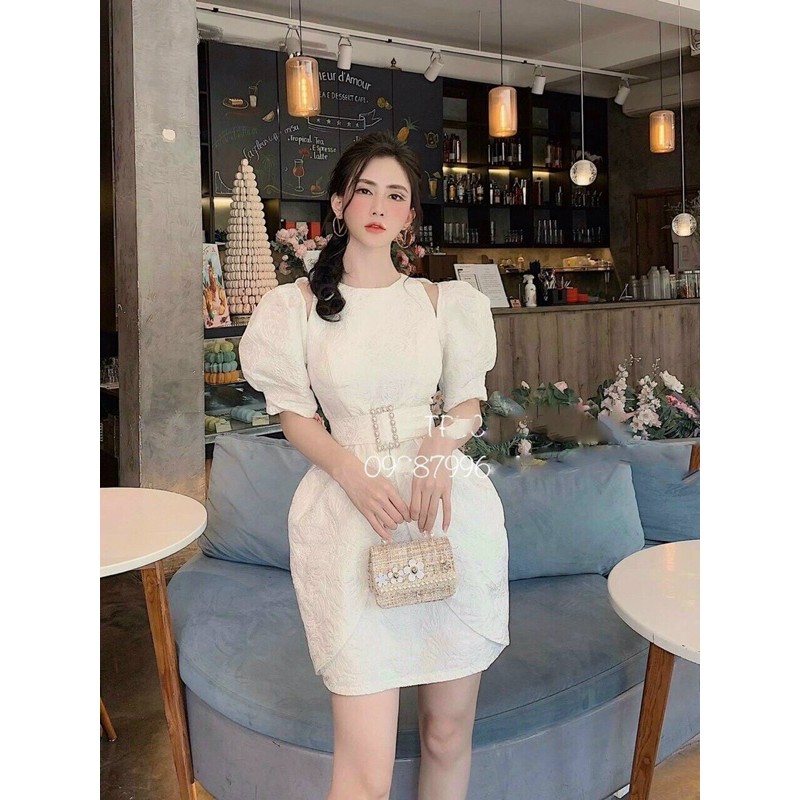 ĐẦM GẤM TRẮNG TAY BÚP KÈM ĐAI EO KHOÉT VAI