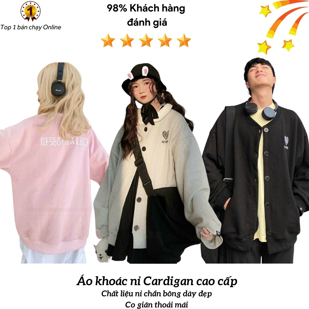 Áo khoác nỉ Cardigan KN14 phối hình trái tim xinh xắn, dễ thương, form unisex cho nam và nữ trẻ trung, chất liệu êm ái