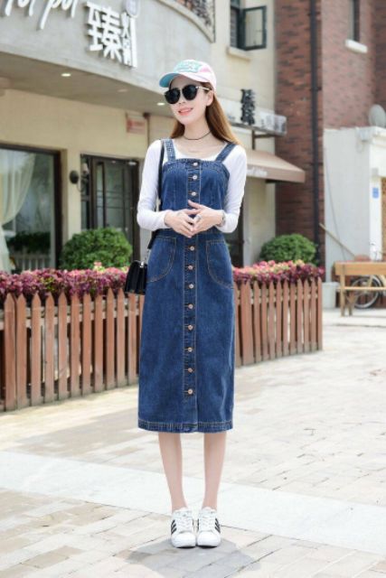 Đầm jean suông yếm cài nút, váy bò 2 dây kiểu xuông - DTH