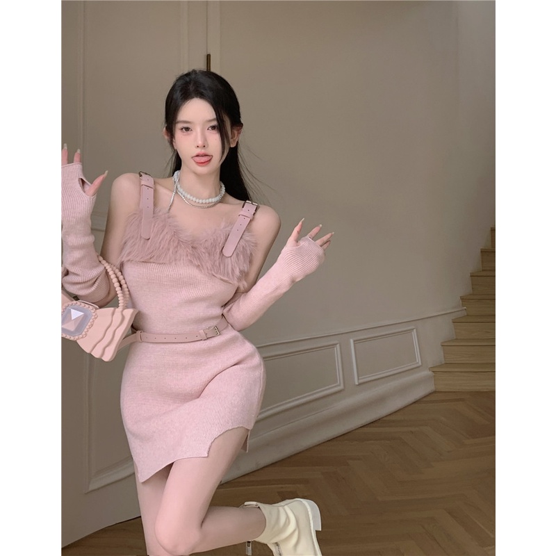 Đầm Dệt Kim Hai Dây Phối Lông Thời Trang Thu Đông 2022