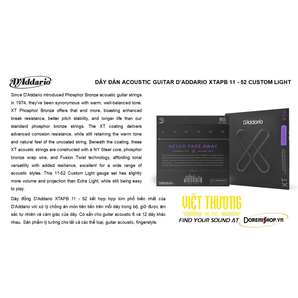 DÂY ĐÀN ACOUSTIC GUITAR D’ADDARIO XTAPB 11 - 52 CUSTOM LIGHT