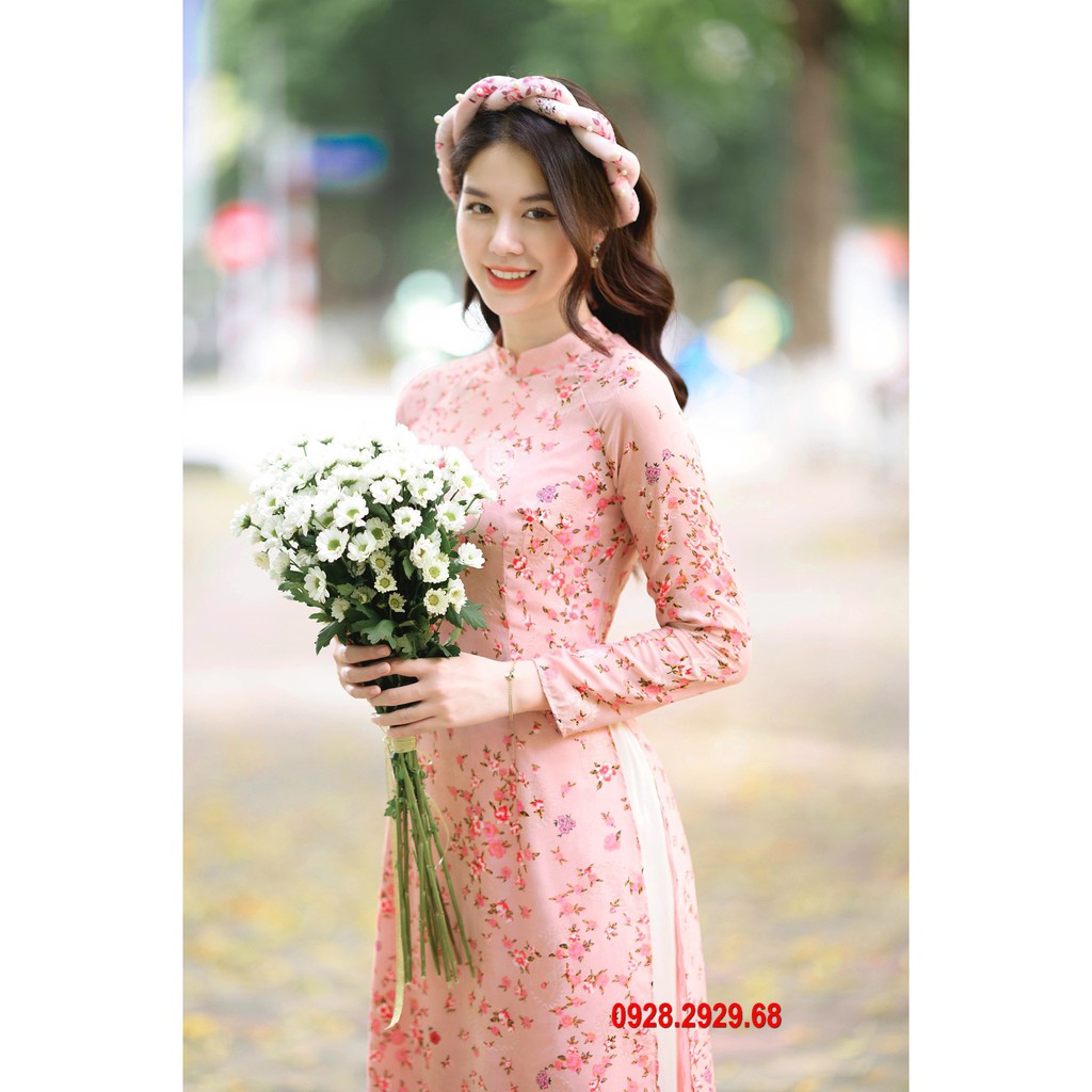Áo Dài hoa nhí 4 tà truyền thống - màu Hồng - kèm mấn đẹp dã man