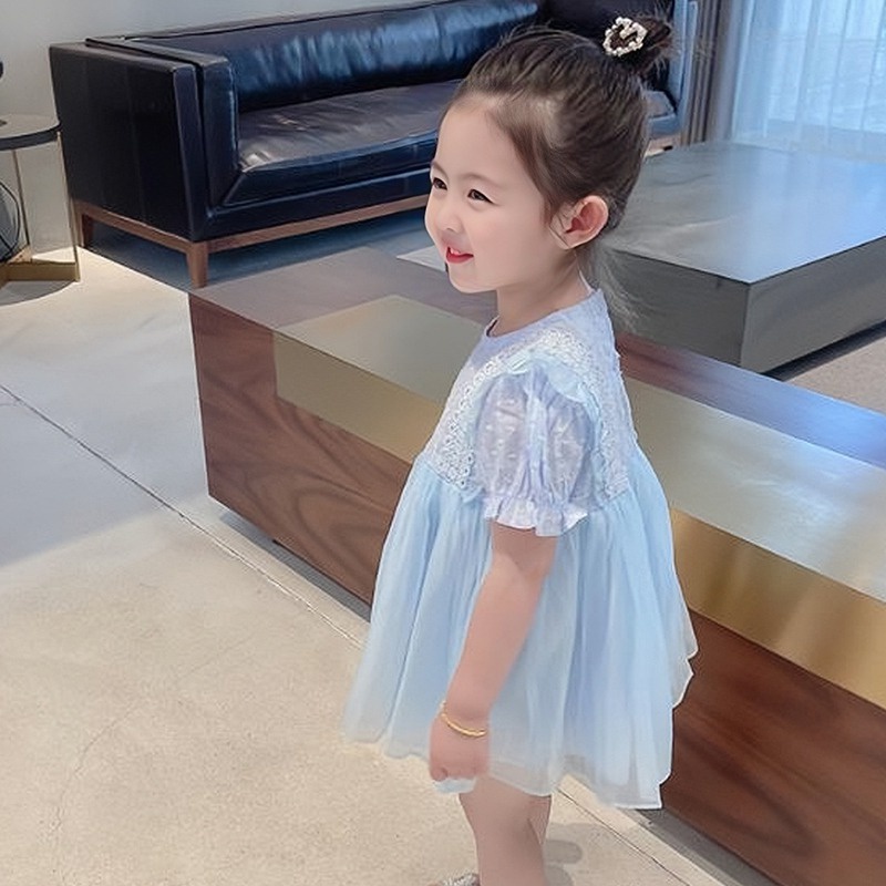 Đầm Xòe Tay Ngắn Phồng Cổ Tròn Màu Sắc Trơn Dành Cho Bé Gái