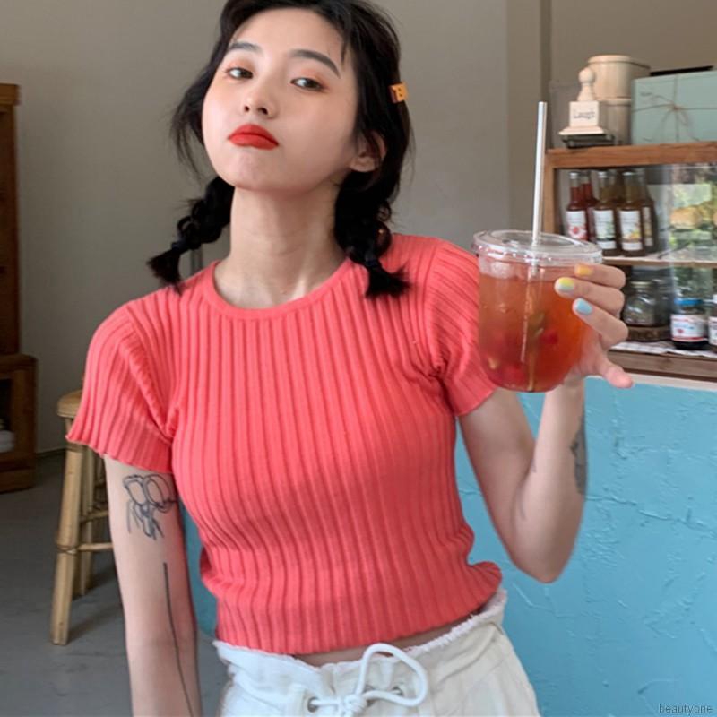 Áo lửng dệt kim tay ngắn cổ tròn đơn giản thời trang | BigBuy360 - bigbuy360.vn