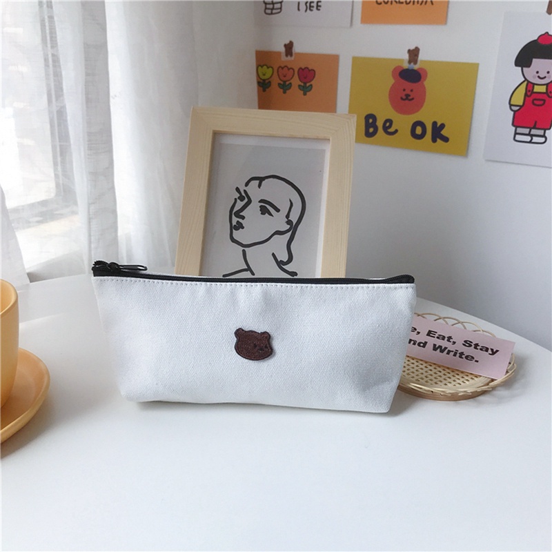 Túi Đựng Bút Bằng Vải Canvas Thêu Họa Tiết Dễ Thương Phong Cách Hàn Quốc Tiện Dụng Chất Lượng Cao Ốp