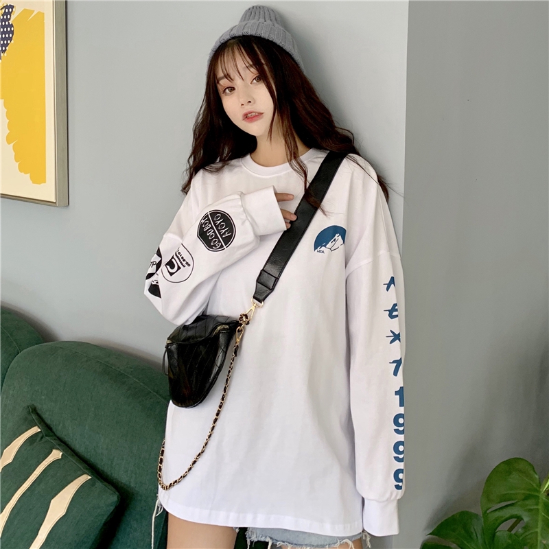 Áo sweater SUXI tay dài dáng rộng in họa tiết xinh xắn cho nữ