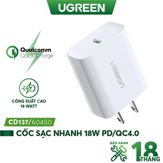 Cốc sạc nhanh UGREEN CD137 60449 1 cổng USB Type C Hỗ trợ PD QC 4.0 3.0 tối đa 18W cho iPhone 12 / Samsung