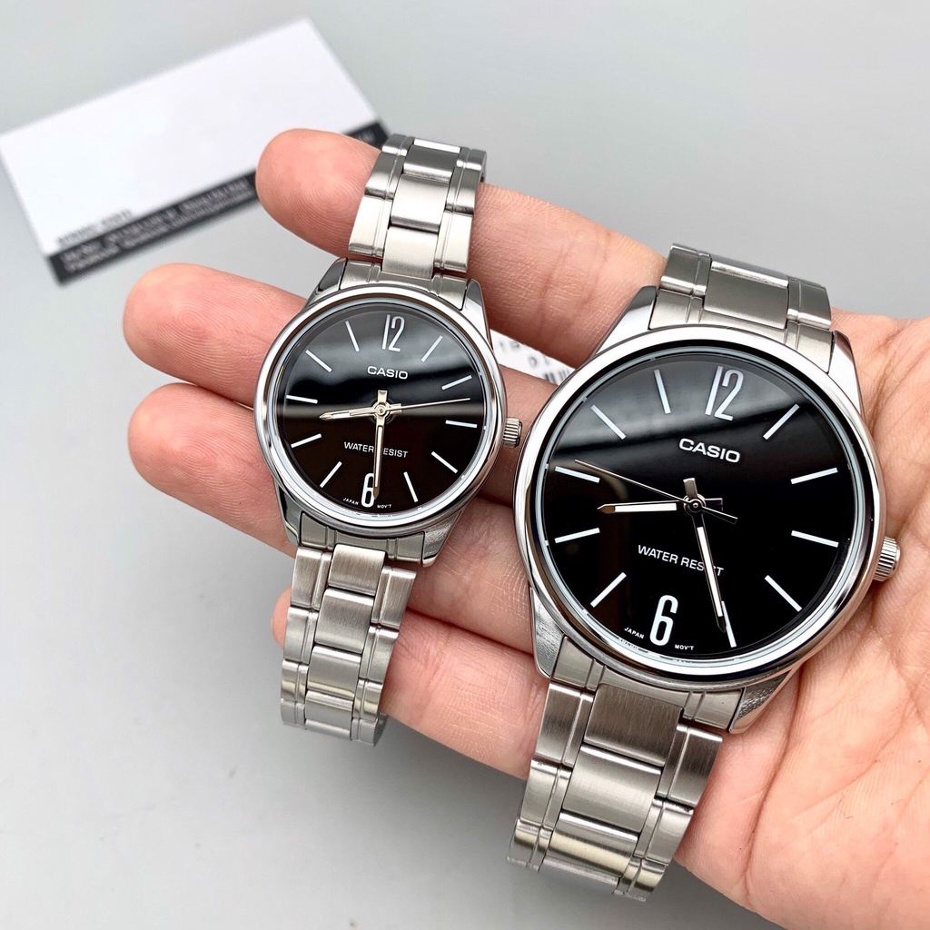 Đồng hồ đôi nam nữ dây kim loại Casio Anh Khuê MTP/LTP V005D-1B