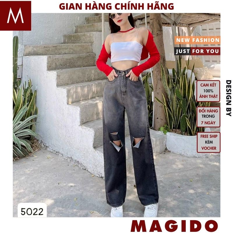 Quần bò ống rộng nữ cạp cao loang mầu xám khói rách 2 gối , quần jeans ống rộng lưng cao, vải bò dày đẹp ,MAGIDO