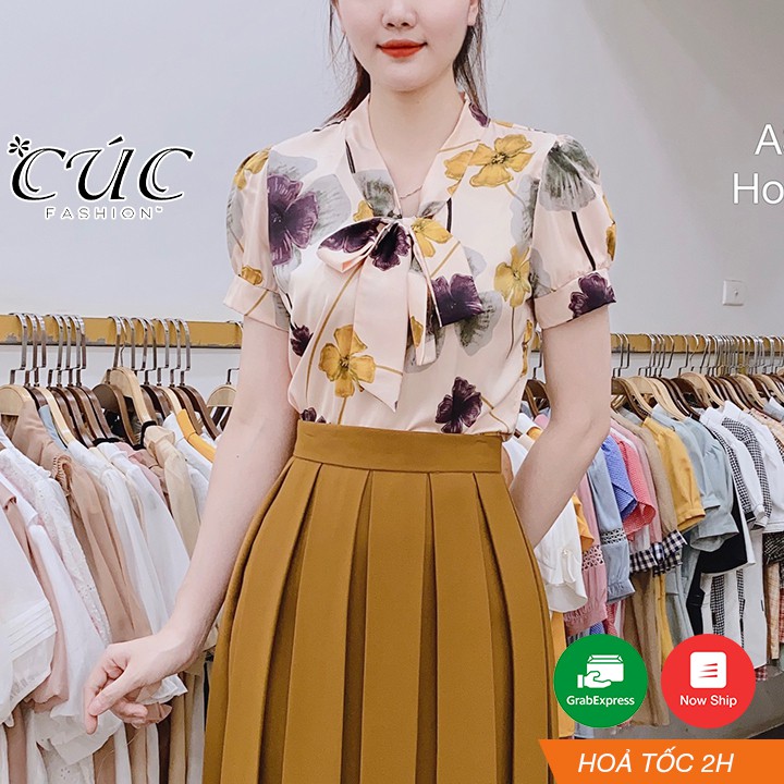 Áo sơ mi nữ Cúc Fashion sơmi kiểu dài tay buộc nơ cao cấp chuẩn thời trang công sở đi học màu hoa trắng đỏ đẹp A1038