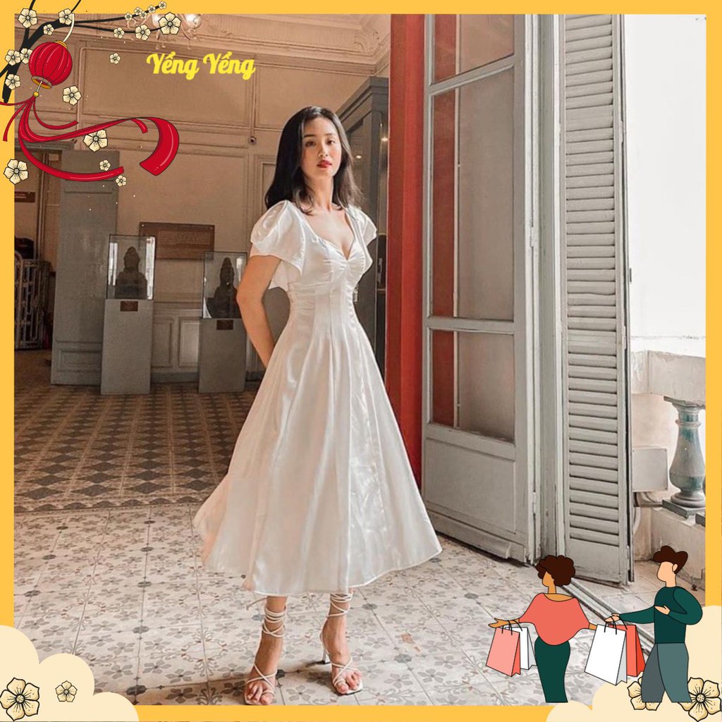 VNU260 - VÁY LỤA TRẮNG CÚP NGỰC TAY BÈO