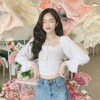 (SẴN) Áo cổ vuông buộc dây chun eo