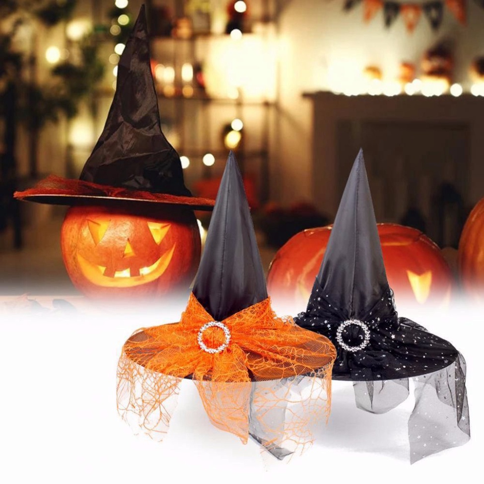 Mũ phù thủy phối ren lưới hóa trang Halloween vui nhộn nhiều màu sắc