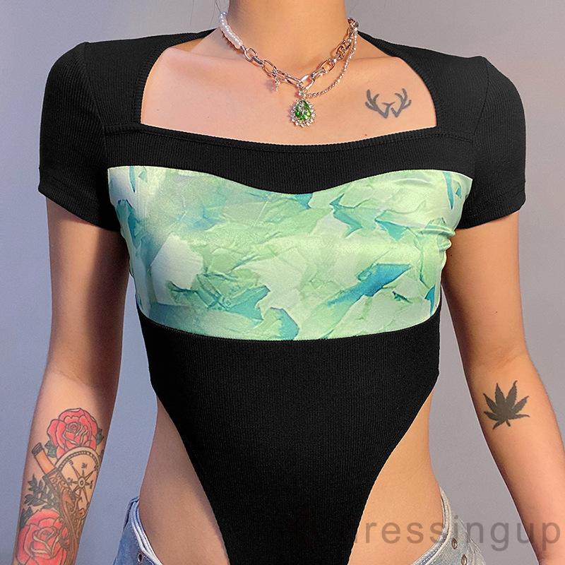 Áo Liền Quần Tay Ngắn Cổ Vuông Dáng Ôm Phối Màu Tương Phản Thời Trang Cho Nữ | BigBuy360 - bigbuy360.vn