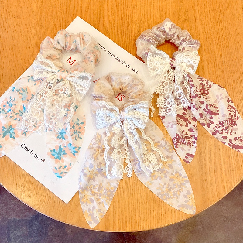 Dây Buộc Tóc Cao Su Bọc Vải Chiffon Ren Hoa Thanh Lịch Thời Trang Cho Nữ