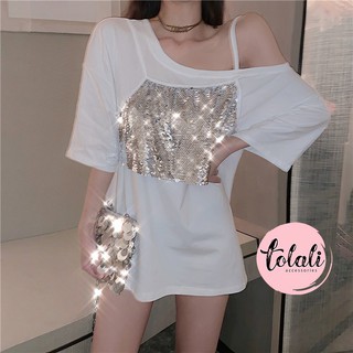 [Order]  Áo thun mùa hè phối áo 2 dây kim sa lấp lánh OA024