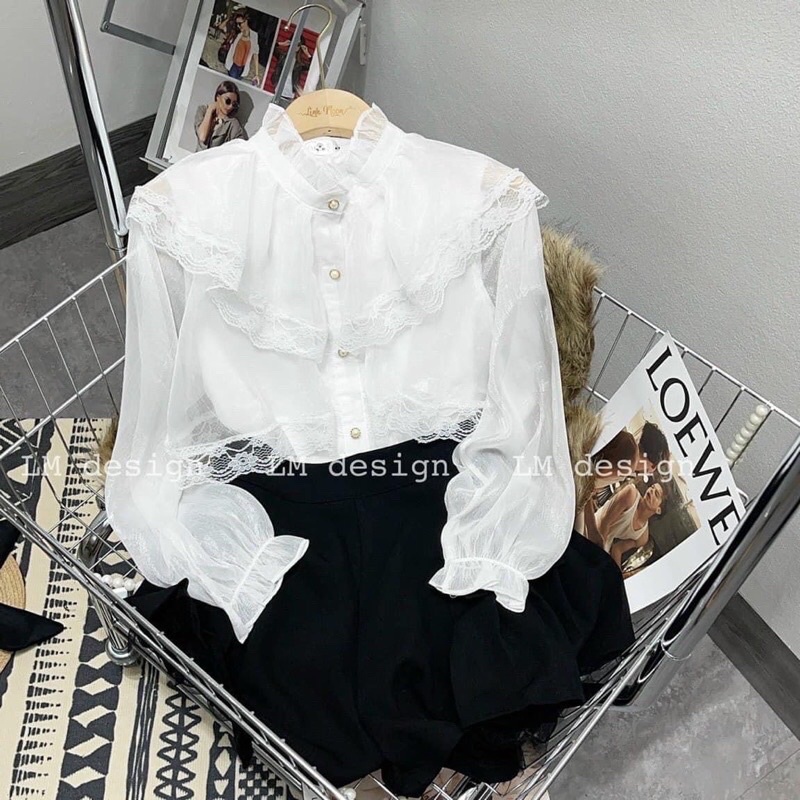 Áo sơ mi bèo tiểu thư 2 lớp xếp tầng bo chun tay phối ren xinh xắn