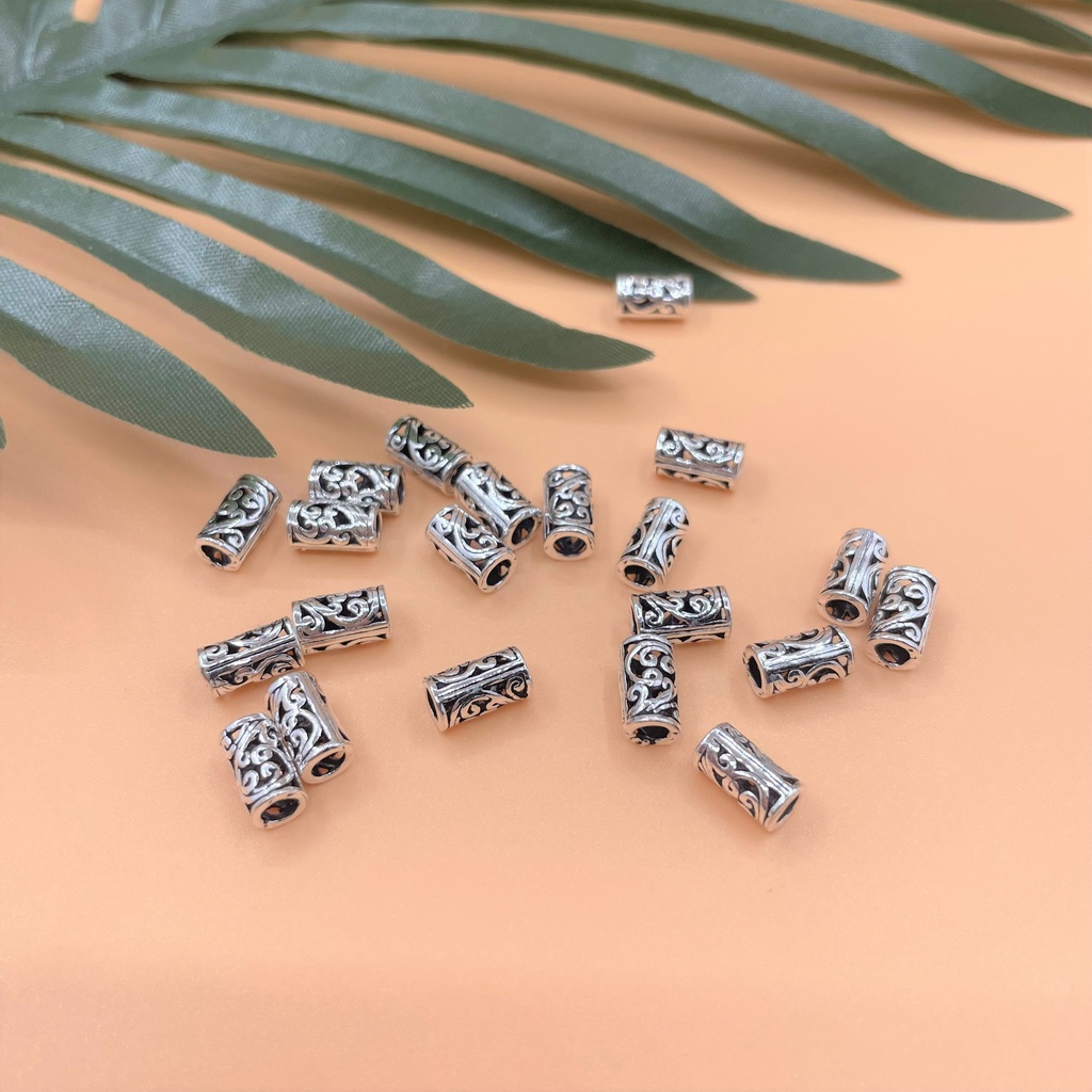 Charm bạc thái nối ống dài khắc hoa văn - Charm Bạc 925 - Mã CA028