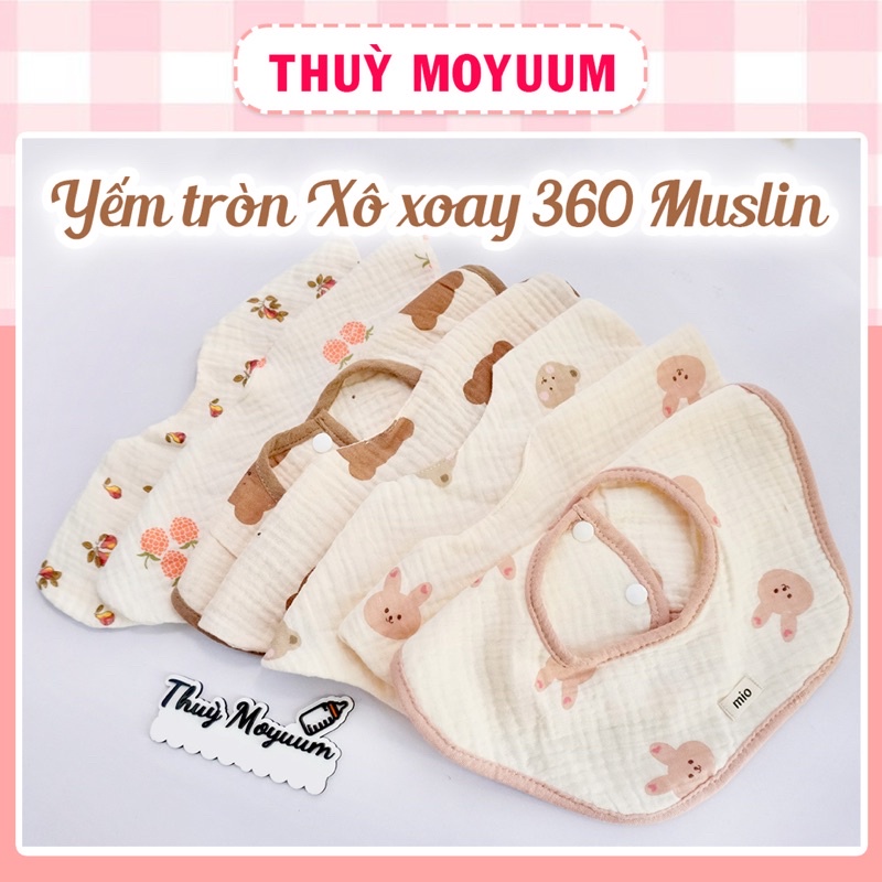 Yếm tròn xô xoay 360 Muslin hoạ tiết Gấu, Thỏ cho bé