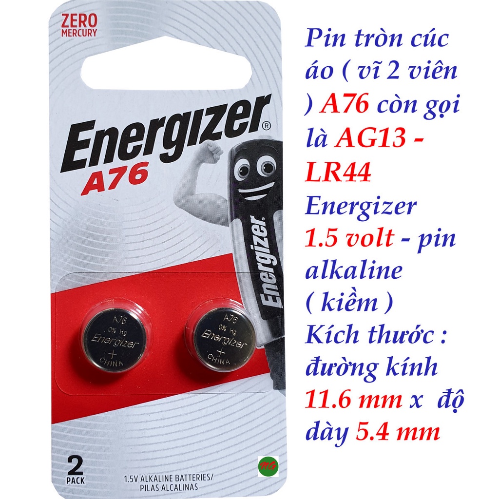 Pin tròn cúc áo A76 = LR44  = AG13 Energizer Alkaline 1.5 volt  ( 2 viên - 4 viên - 6 viên - 12 viên )