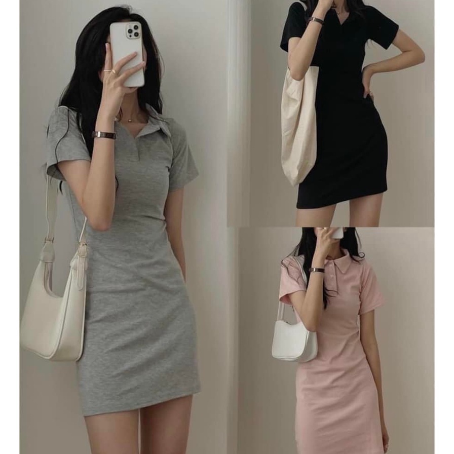 Váy Polo Trơn Pastel Nữ 🌸FREESHIP🌸 Đầm cổ sơ mi dáng ôm body, thun cộc tay màu ĐEN | HỒNG | XÁM Ulzzang HOT 2022