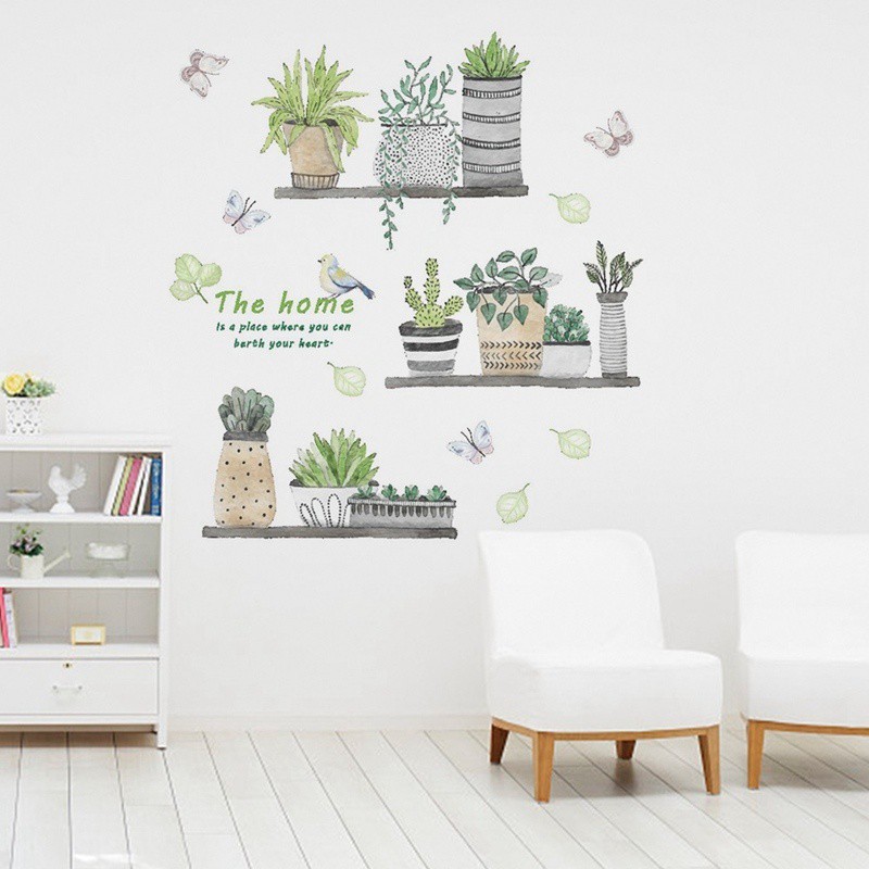 Nhãn dán tường kiểu chậu cây dễ thương trang trí phòng cỡ 90*30 cm