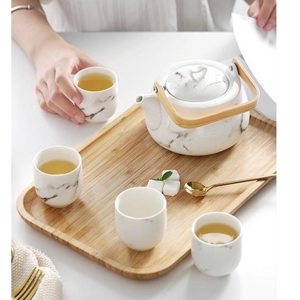 [CAO CẤP] Bộ ấm chén gốm sứ uống trà kèm khay phong cách Nhật Bản cẩm thạch Sang trọng