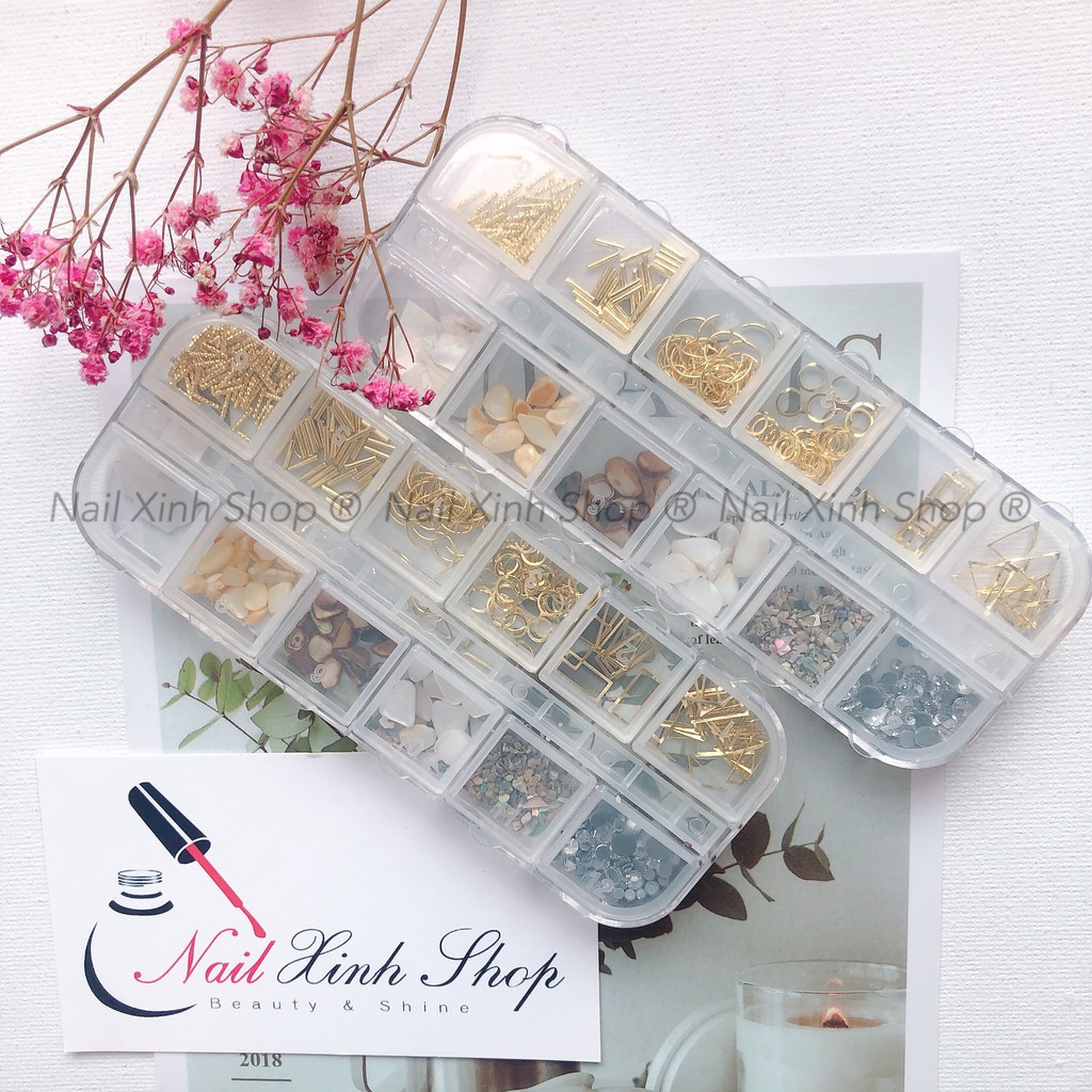 Khay trang trí móng nail, phụ kiện nail mix ( hộp 12 ô, mix xà cừ,đá, icon 3D, hoa)