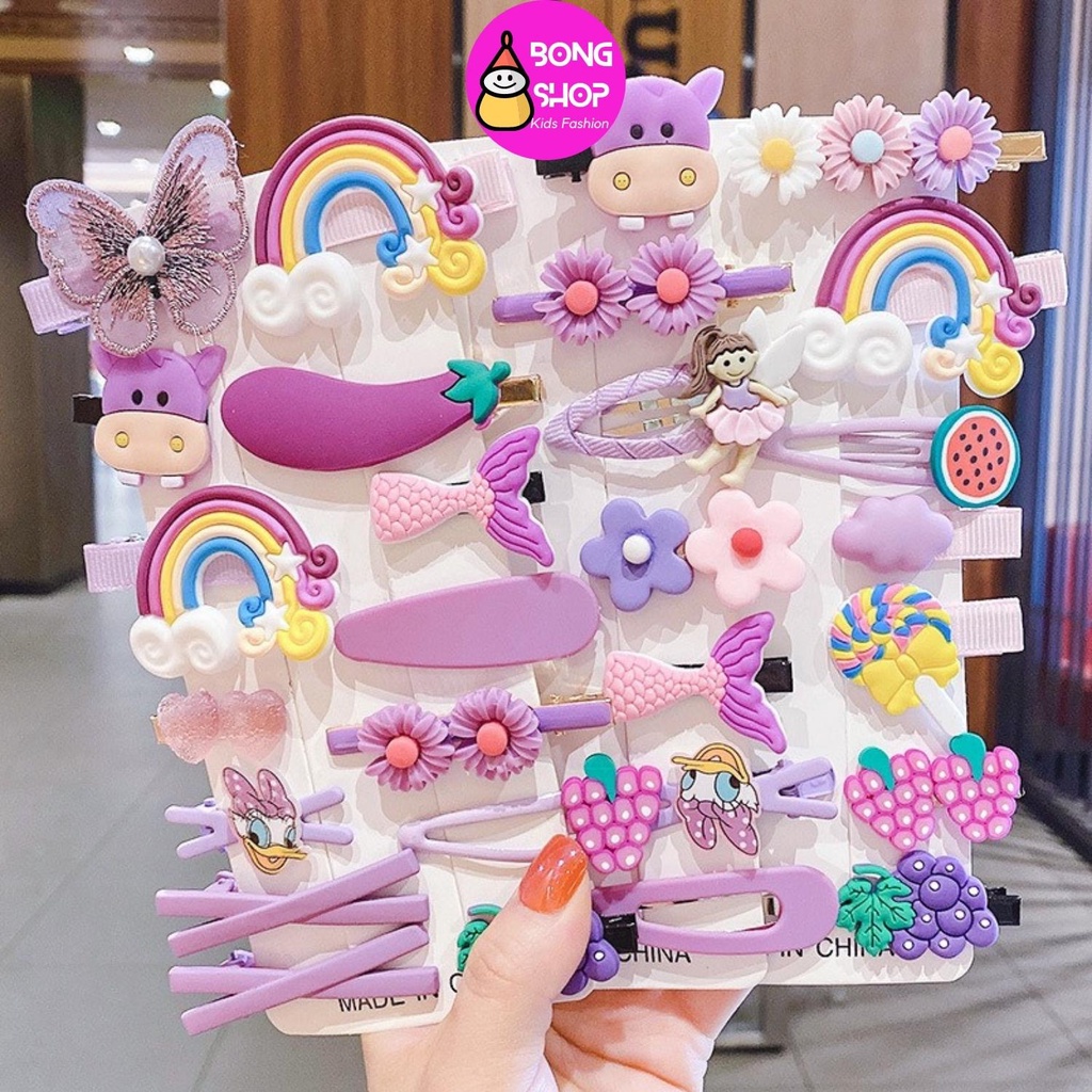 set 14 kẹp tóc hoạ tiết dễ thương cho bé