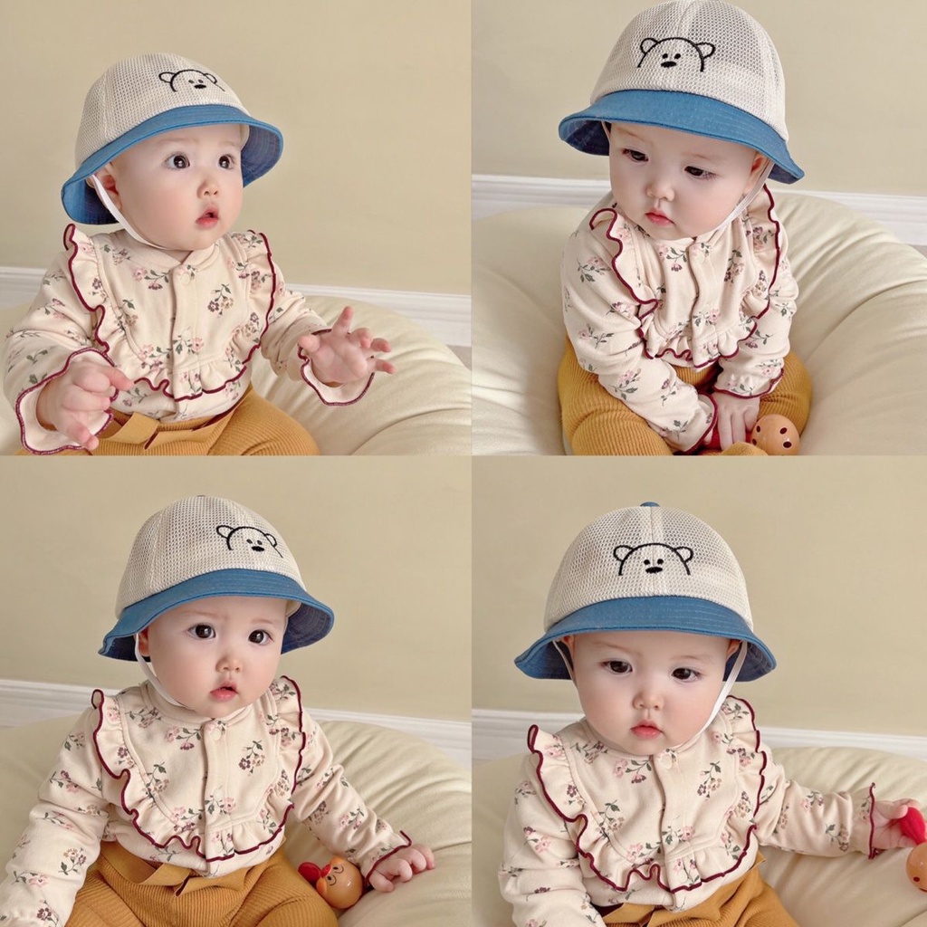 Nón Tai Bèo Phối Lưới Mỏng Thoáng Khí In Hình Gấu Dễ Thương Thời Trang Mùa Hè Cho Bé