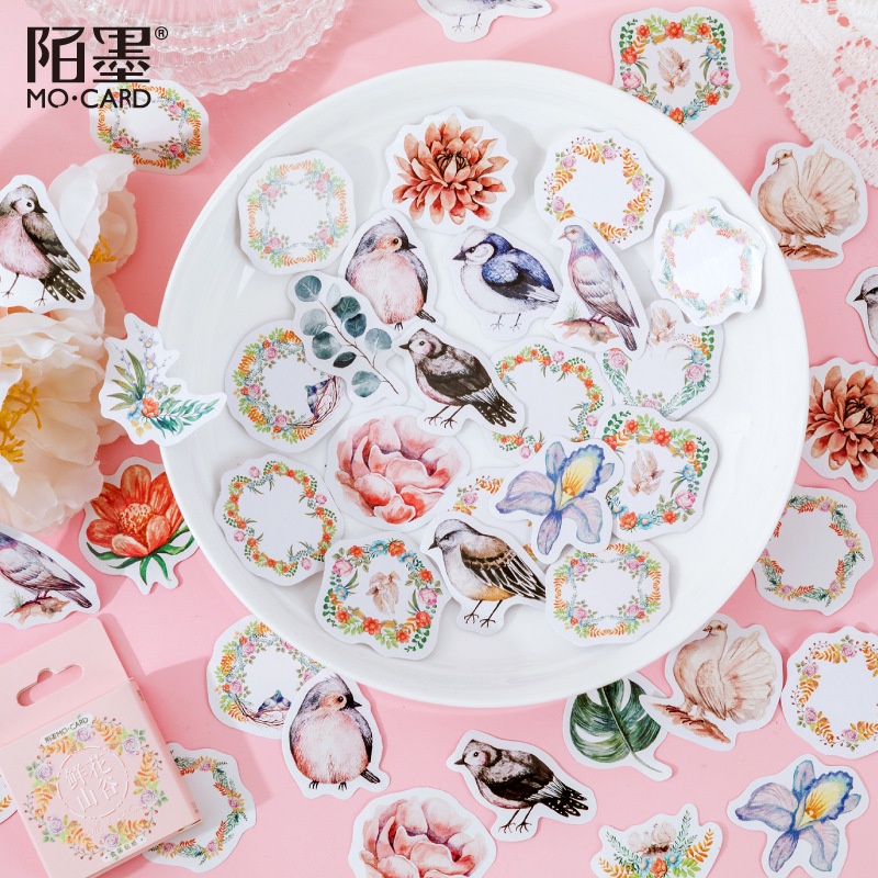 Hộp 46 Nhãn Dán Thung Lũng Hoa Và Chim Trang Trí Sổ Tay Bullet Jounal Sticker Dán Mo Card